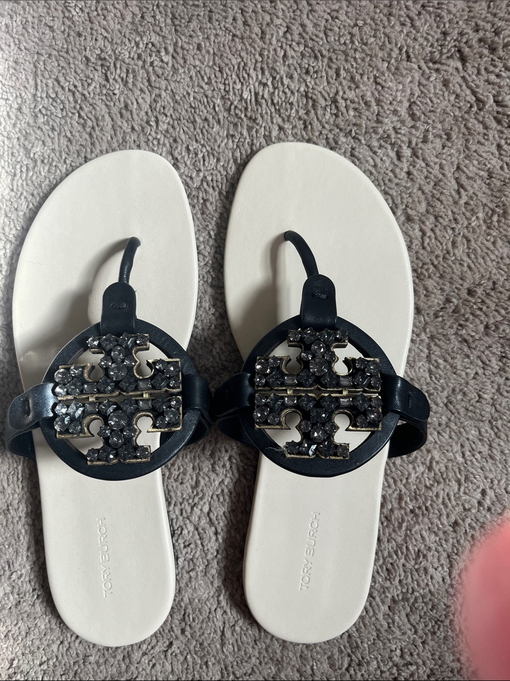 Tory Burch Black Jeweled Logo Thong Sandals with White Footbed - Picture 2 of 4